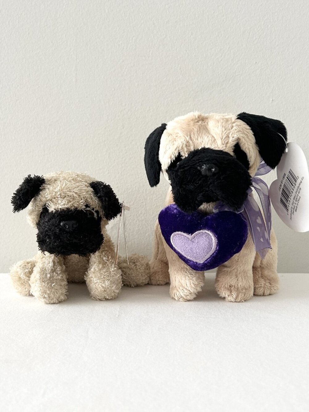 2 Vtg Pug Dog Plush Puppy Kennel Frenz Purple Heart Ribbon Stuffed Animal Toys